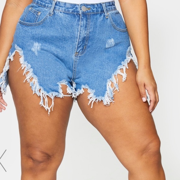 PrettyLittleThing Pants - Mid Wash Extreme Thigh Rip Denim Shorts